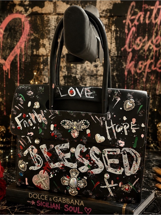 Handbags - Hand painted by me Black 'Blessed' Embellished Graffiti Satchel